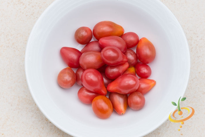 Red Pear Tomato fruits in white bowl showing small, ripe, pear-shaped red tomatoes.