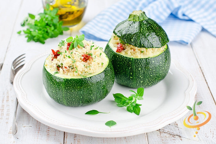 Round de Nice zucchini squash from SeedsNow, fresh summer squash with vibrant green skin and round shape, ready for harvest.